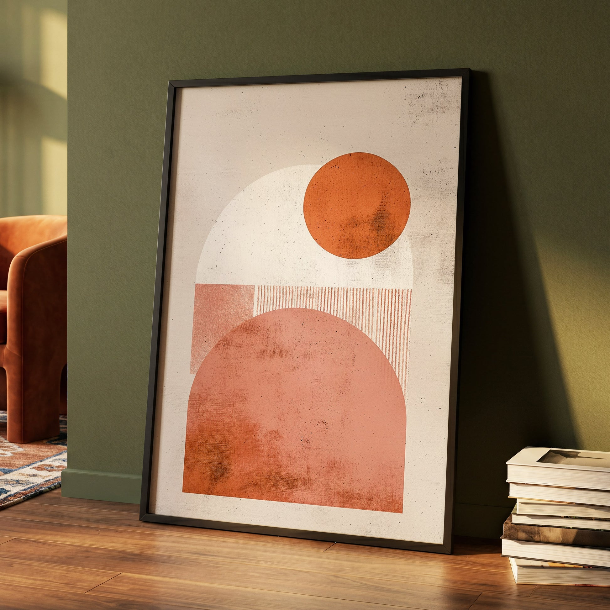 Terracotta Orbits, beige, orange, pink minimalist wall art displayed in a styled interior, gallery view 4