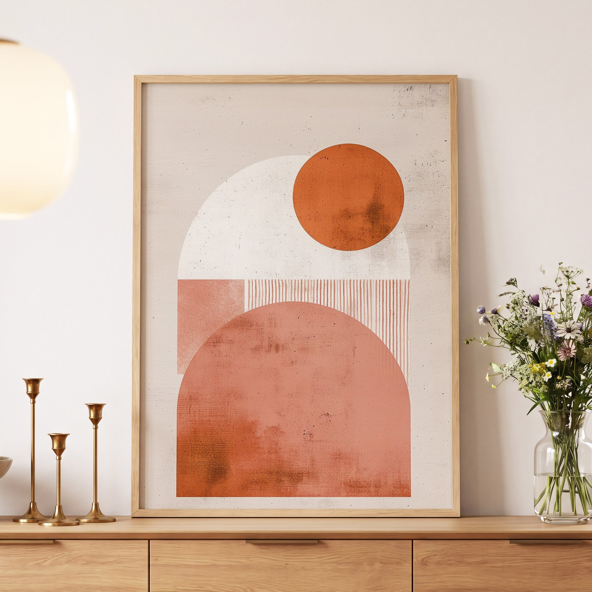 Terracotta Orbits, beige, orange, pink minimalist wall art displayed in a styled interior, gallery view 5