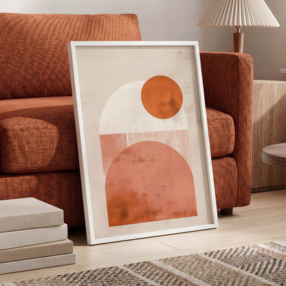 Terracotta Orbits, beige, orange, pink minimalist wall art displayed in a styled interior, gallery view 6