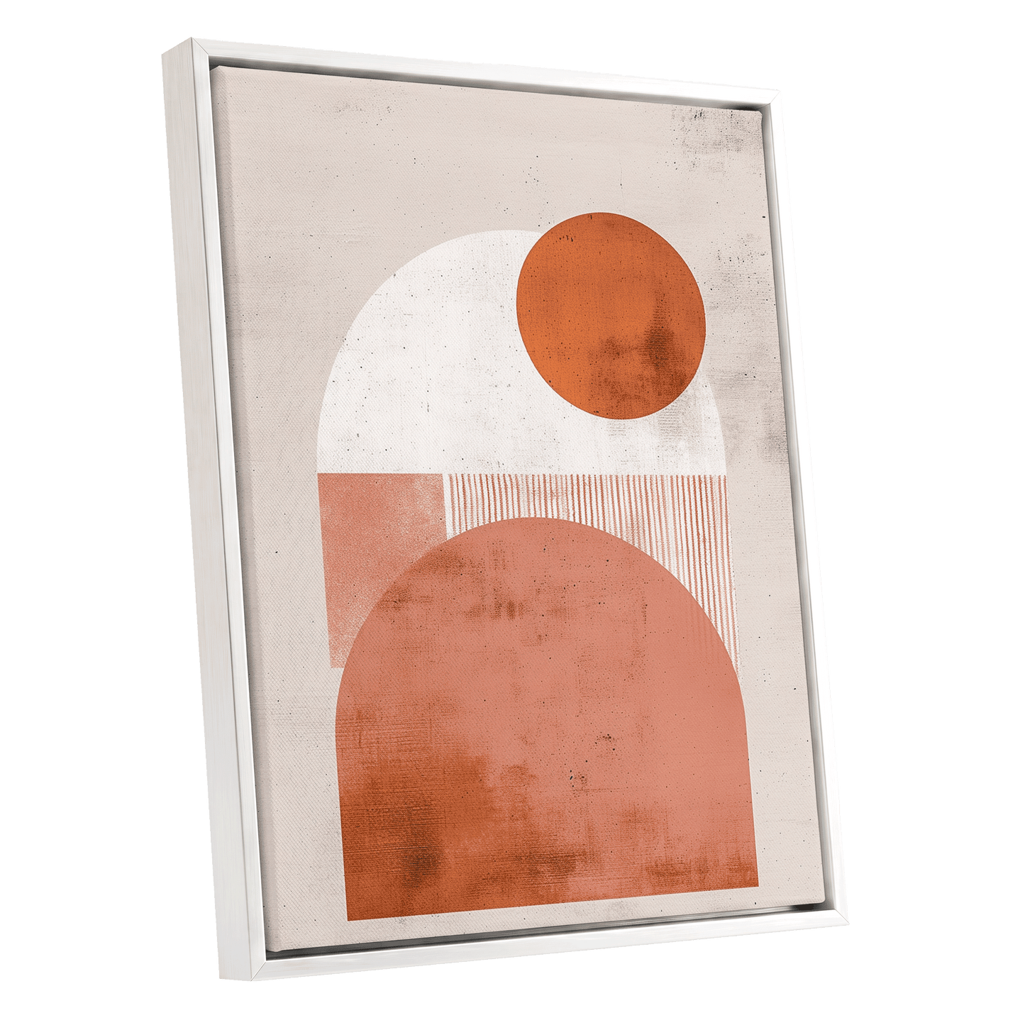 Terracotta Orbits, beige, orange, pink minimalist wall art shown as a white framed canvas wall art