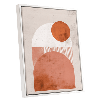 Terracotta Orbits, beige, orange, pink minimalist wall art shown as a white framed canvas wall art
