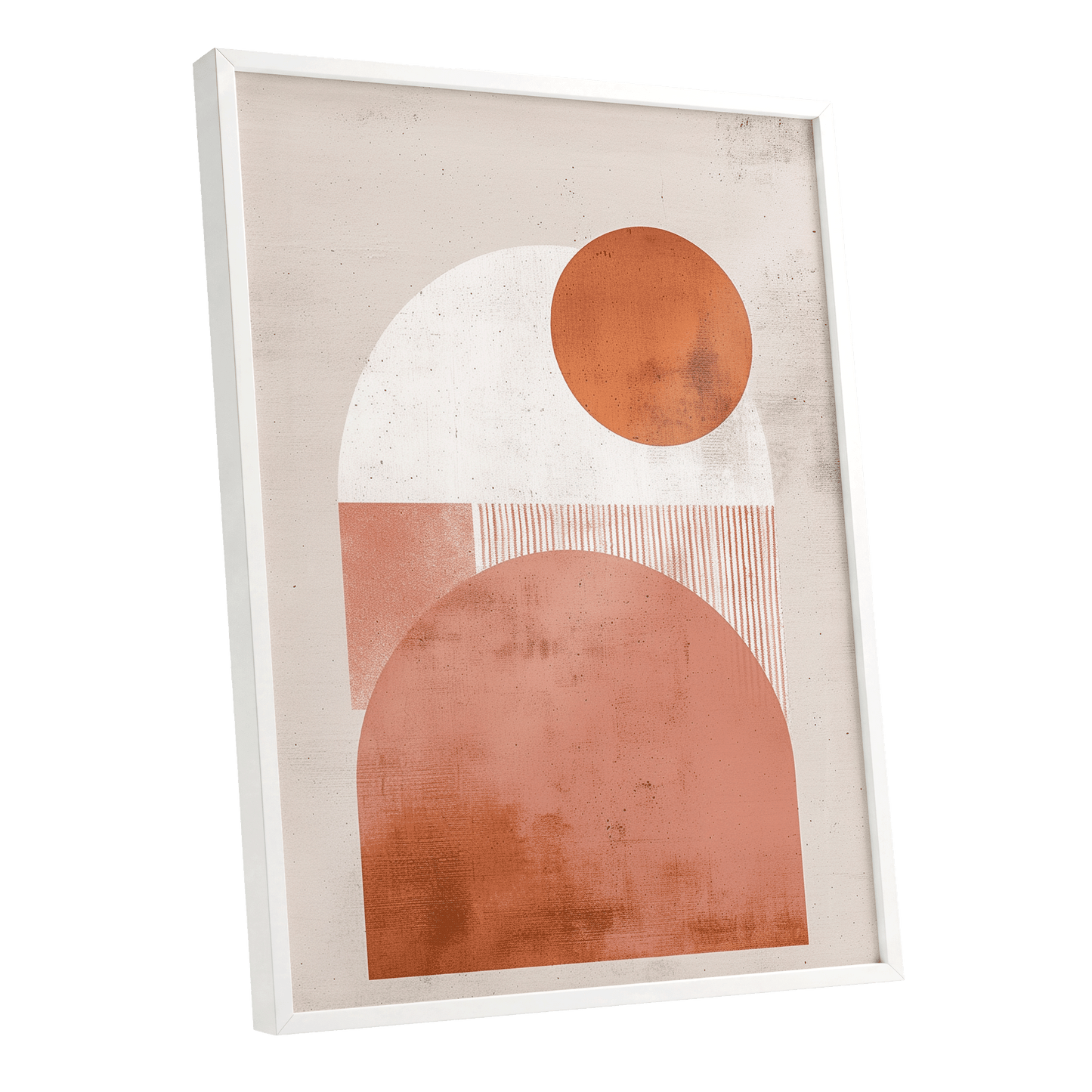 Terracotta Orbits, beige, orange, pink minimalist wall art shown as a white framed poster wall art print