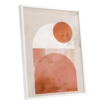 Terracotta Orbits, beige, orange, pink minimalist wall art shown as a white framed poster wall art print