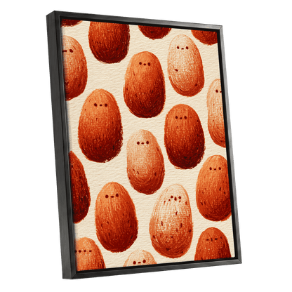 Terracotta Pebble Crowd, beige, orange, red minimalist wall art shown as a black framed canvas wall art