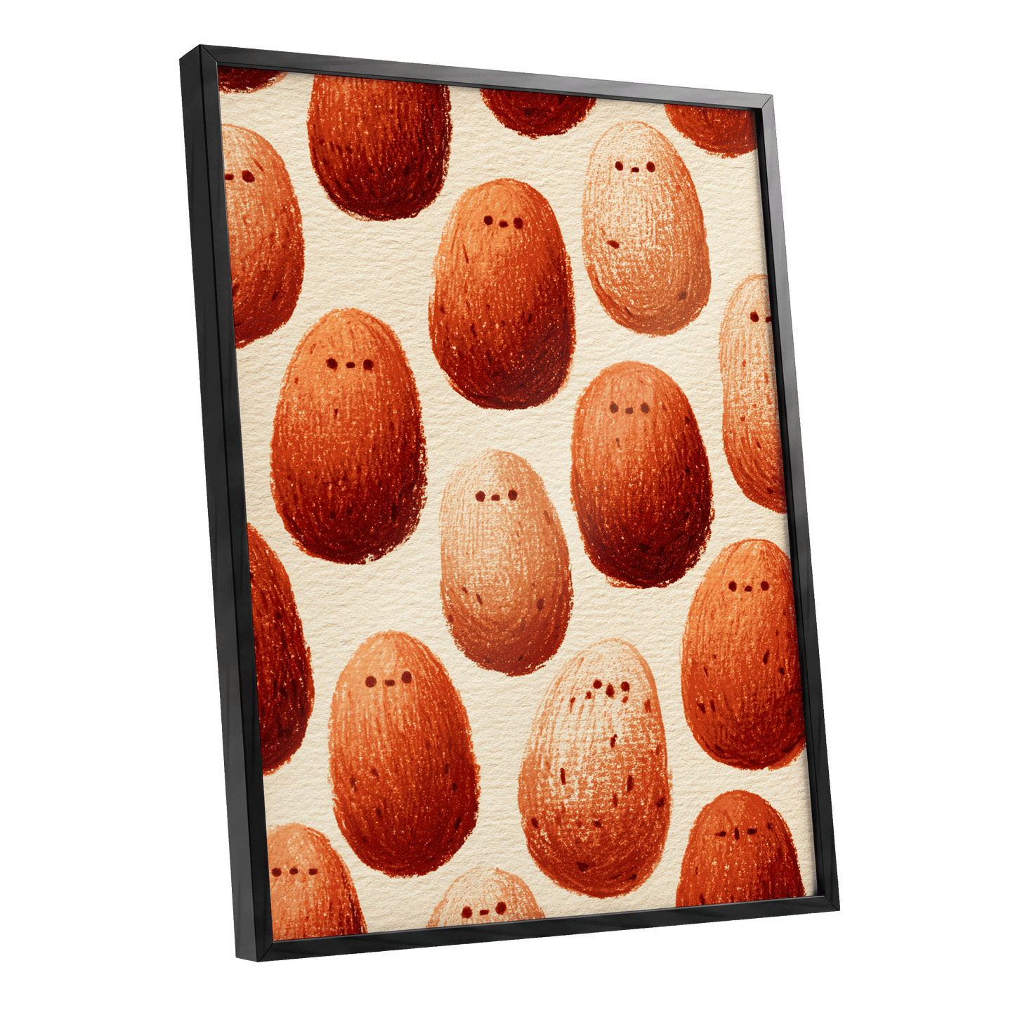Terracotta Pebble Crowd, beige, orange, red minimalist wall art shown as a black framed poster wall art print