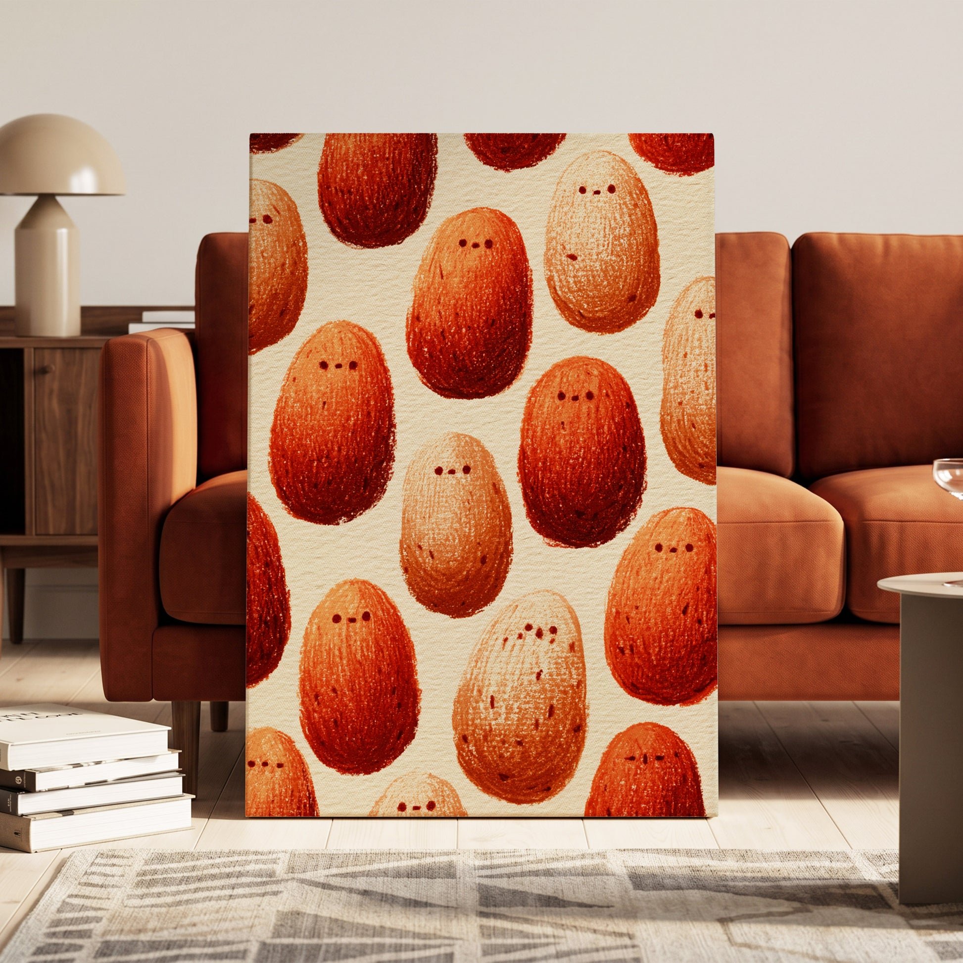 Terracotta Pebble Crowd, beige, orange, red minimalist wall art on canvas displayed in a styled interior, gallery view 1