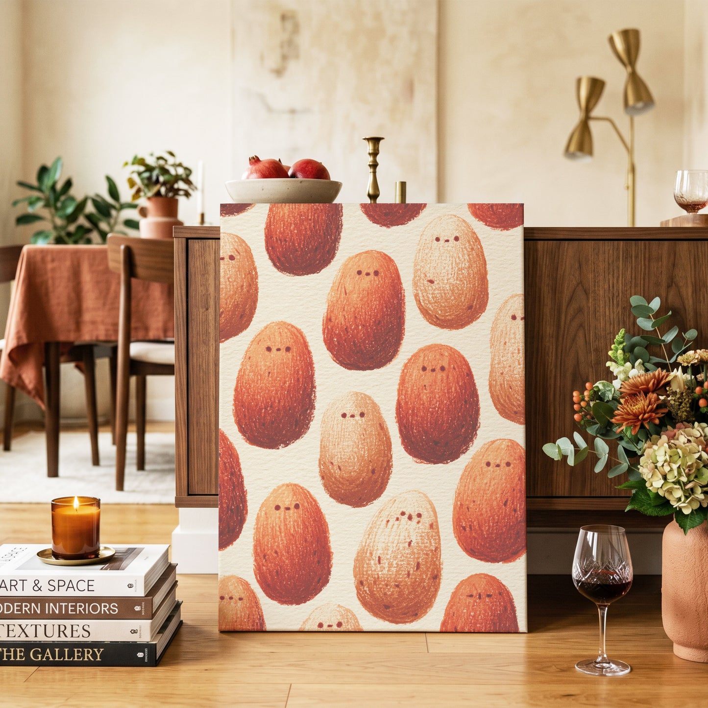 Terracotta Pebble Crowd, beige, orange, red minimalist wall art on canvas displayed in a styled interior, gallery view 2