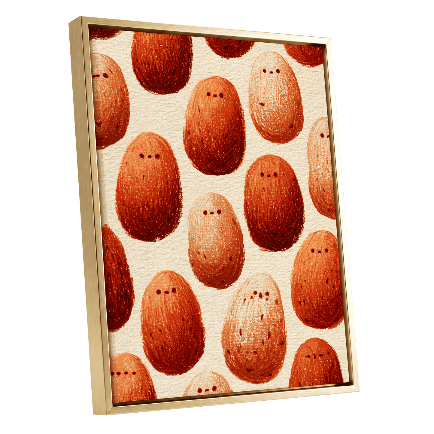 Terracotta Pebble Crowd, beige, orange, red minimalist wall art shown as a gold framed canvas wall art