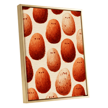 Terracotta Pebble Crowd, beige, orange, red minimalist wall art shown as a gold framed canvas wall art