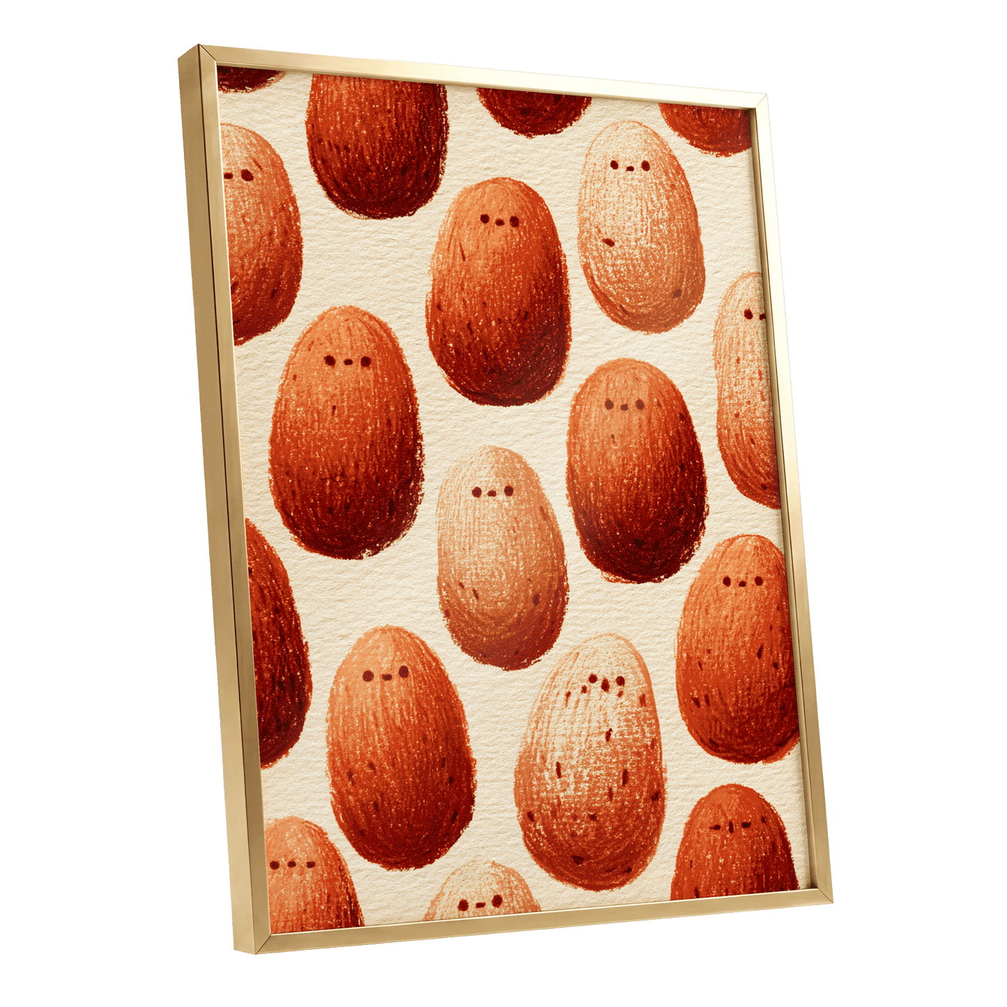 Terracotta Pebble Crowd, beige, orange, red minimalist wall art shown as a gold framed poster wall art print