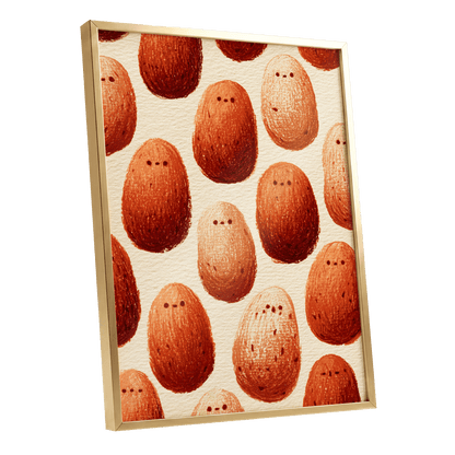 Terracotta Pebble Crowd, beige, orange, red minimalist wall art shown as a gold framed poster wall art print