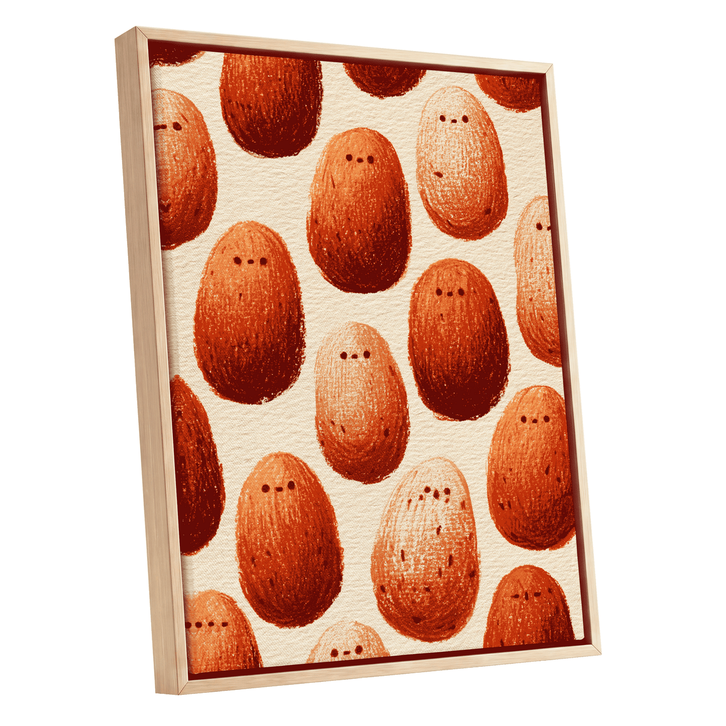 Terracotta Pebble Crowd, beige, orange, red minimalist wall art shown as a oak framed canvas wall art