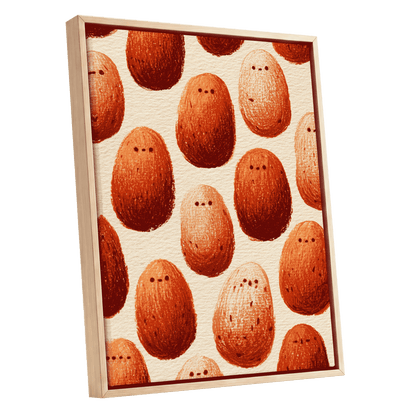 Terracotta Pebble Crowd, beige, orange, red minimalist wall art shown as a oak framed canvas wall art
