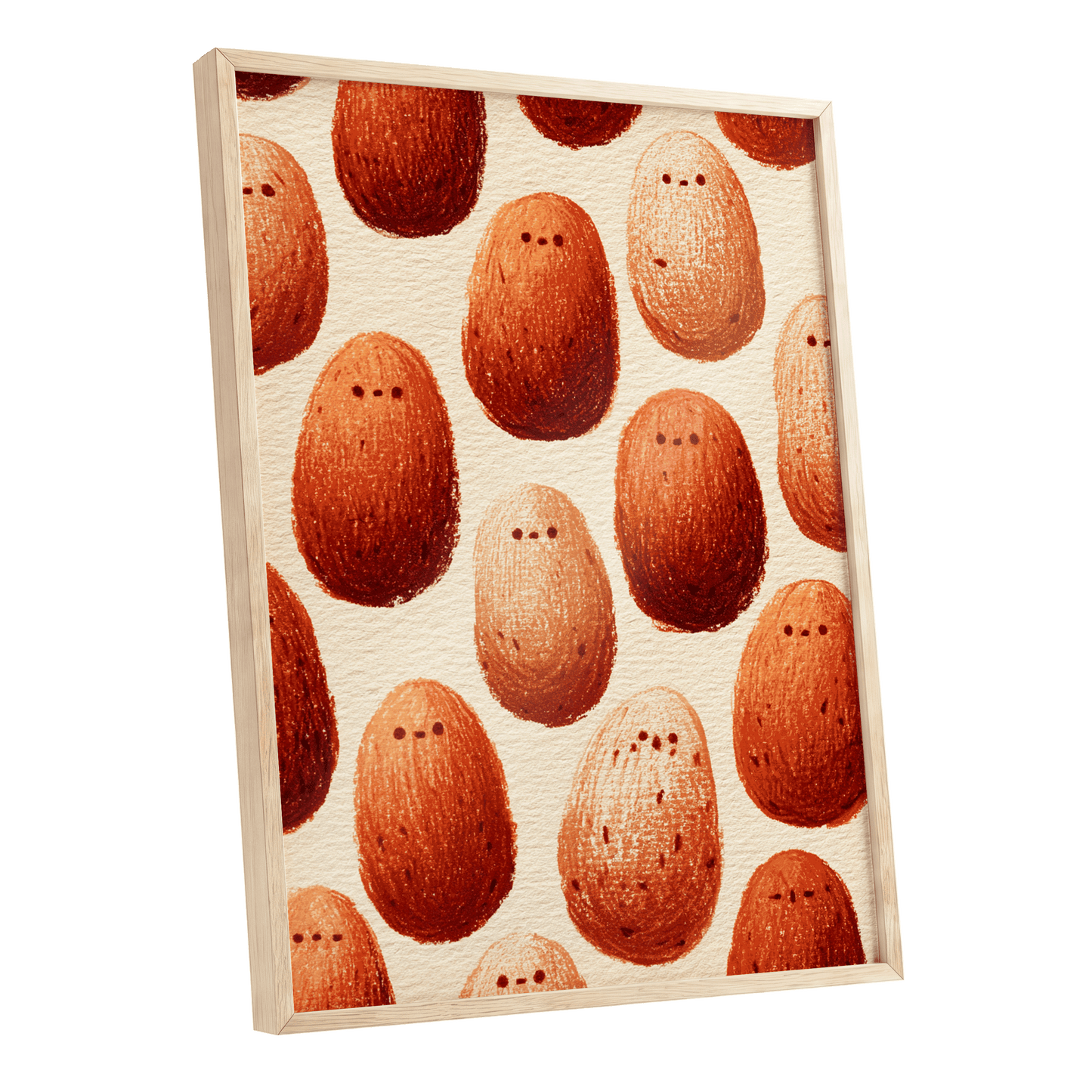 Terracotta Pebble Crowd, beige, orange, red minimalist wall art shown as a oak framed poster wall art print