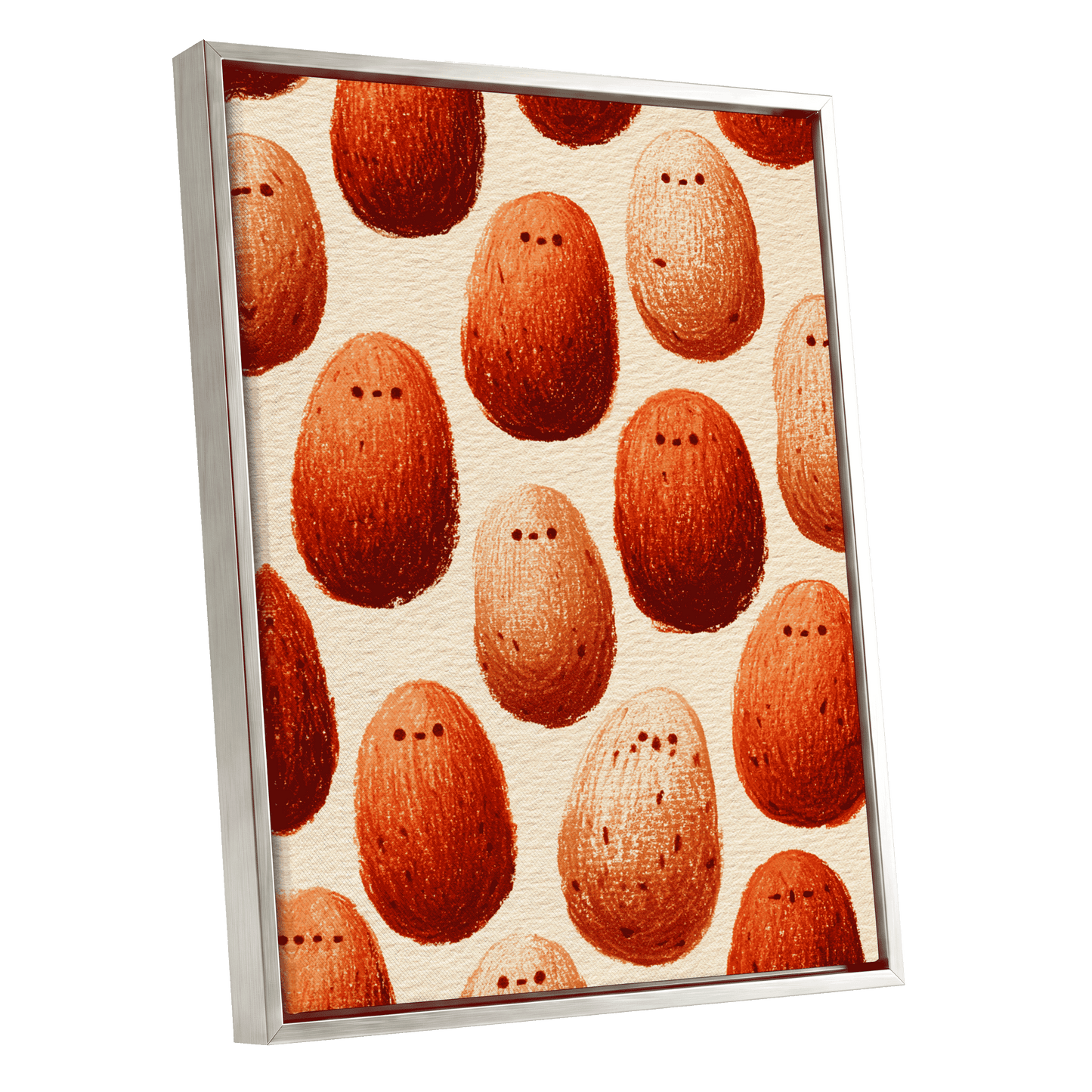 Terracotta Pebble Crowd, beige, orange, red minimalist wall art shown as a silver framed canvas wall art