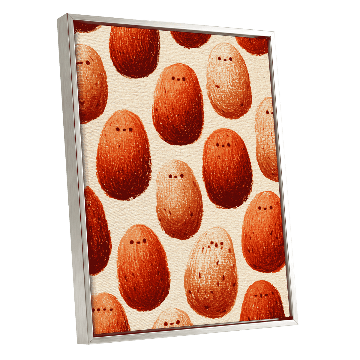 Terracotta Pebble Crowd, beige, orange, red minimalist wall art shown as a silver framed canvas wall art
