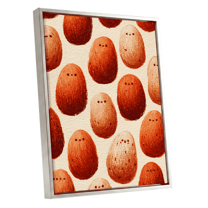 Terracotta Pebble Crowd, beige, orange, red minimalist wall art shown as a silver framed canvas wall art