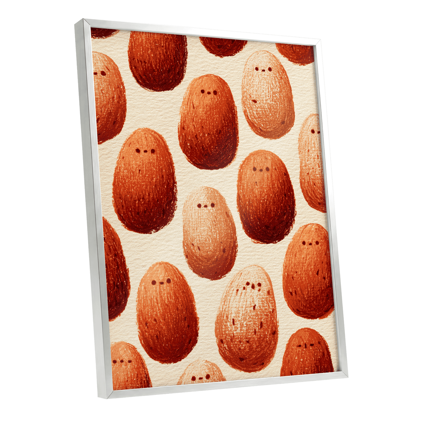 Terracotta Pebble Crowd, beige, orange, red minimalist wall art shown as a silver framed poster wall art print
