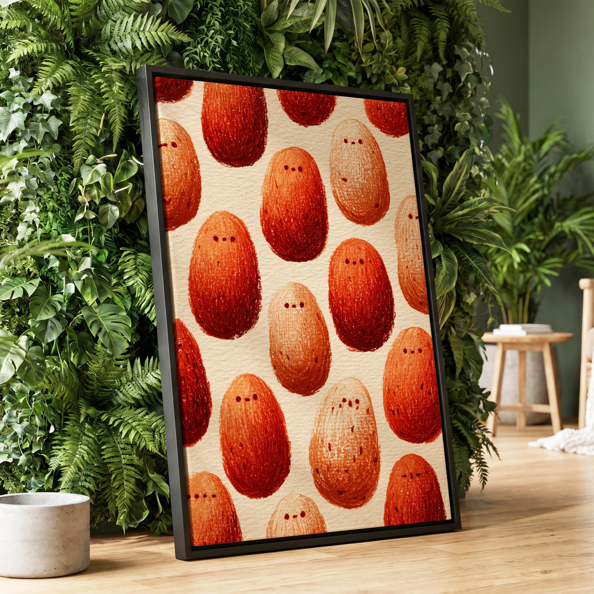Terracotta Pebble Crowd, beige, orange, red minimalist wall art displayed in a styled interior, gallery view 1