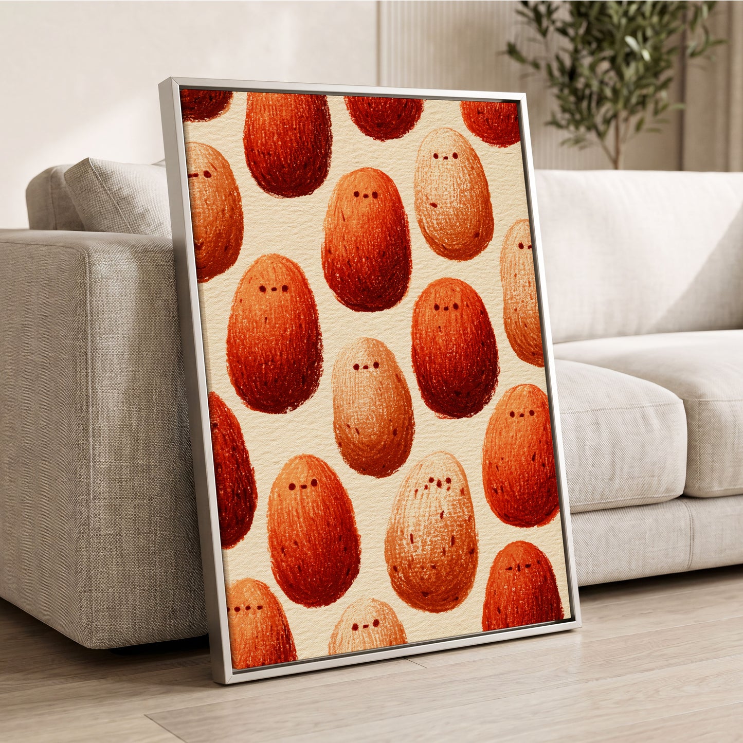 Terracotta Pebble Crowd, beige, orange, red minimalist wall art displayed in a styled interior, gallery view 2