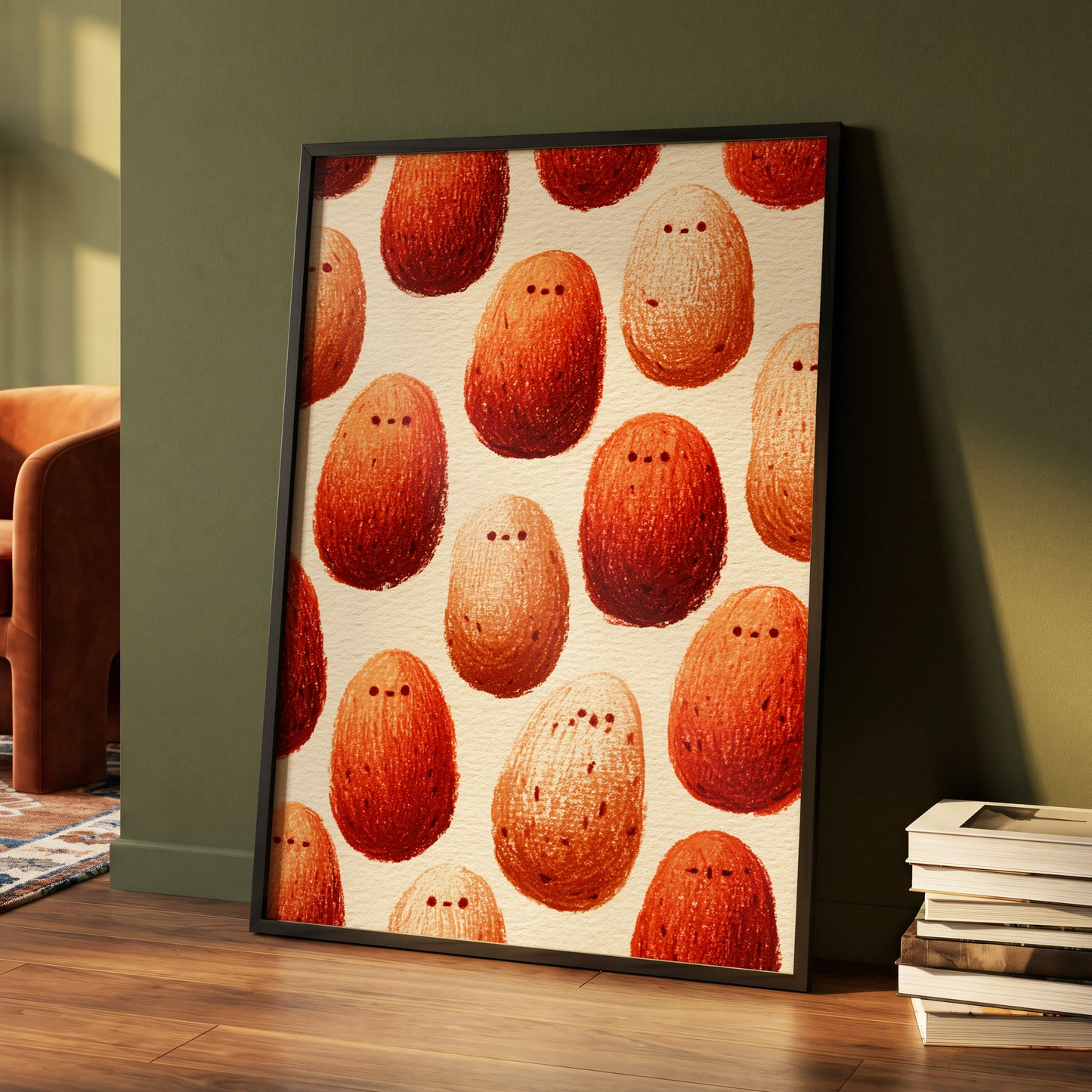 Terracotta Pebble Crowd, beige, orange, red minimalist wall art displayed in a styled interior, gallery view 4