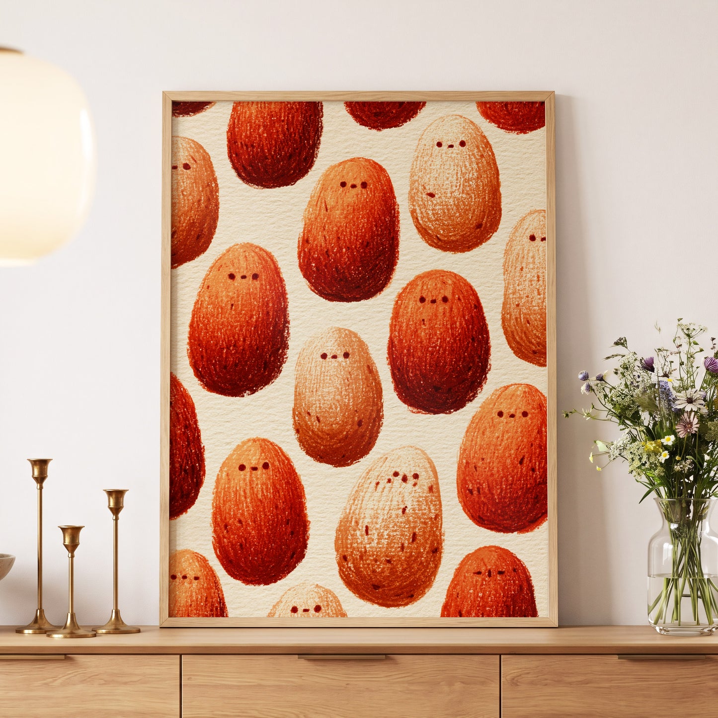 Terracotta Pebble Crowd, beige, orange, red minimalist wall art displayed in a styled interior, gallery view 5