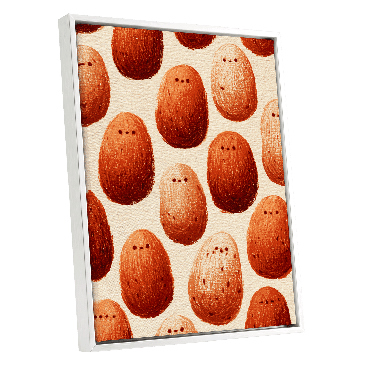 Terracotta Pebble Crowd, beige, orange, red minimalist wall art shown as a white framed canvas wall art