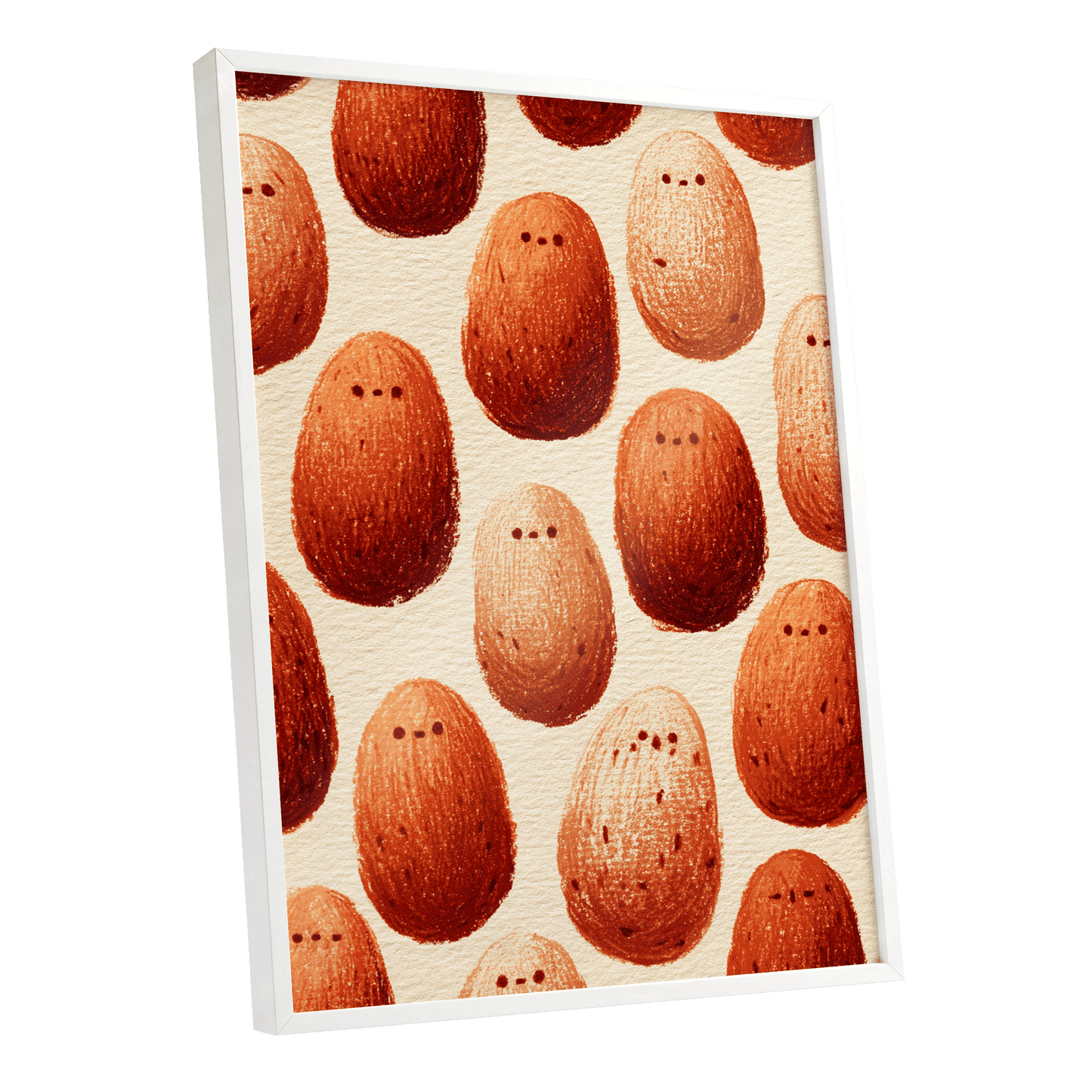 Terracotta Pebble Crowd, beige, orange, red minimalist wall art shown as a white framed poster wall art print