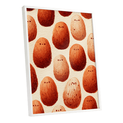 Terracotta Pebble Crowd, beige, orange, red minimalist wall art shown as a white framed poster wall art print