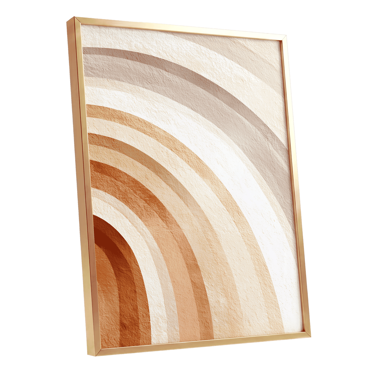 Terracotta Rainbow Arches: framed abstract wall art featuring concentric arches and curved bands in warm beige, cream, tan, and terracotta tones, enclosed in a slim gold frame against a clean white background.