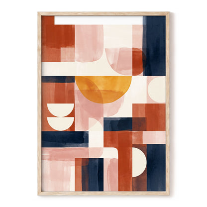 Terracotta Rhythm, orange, pink, blue abstract wall art, front artwork view