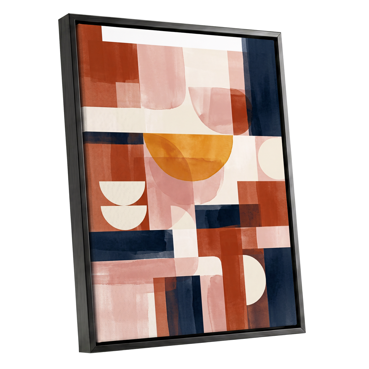 Terracotta Rhythm, orange, pink, blue abstract wall art shown as a black framed canvas wall art
