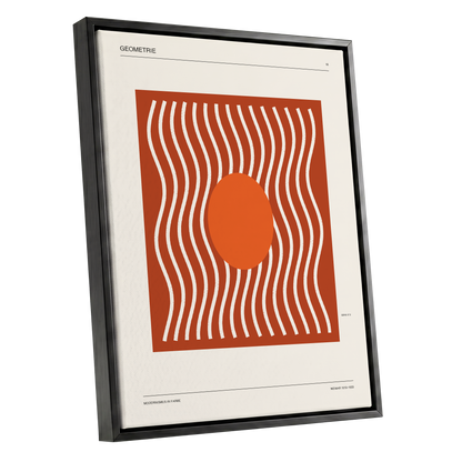 Terracotta Rhythm, brown, orange, beige abstract wall art shown as a black framed canvas wall art