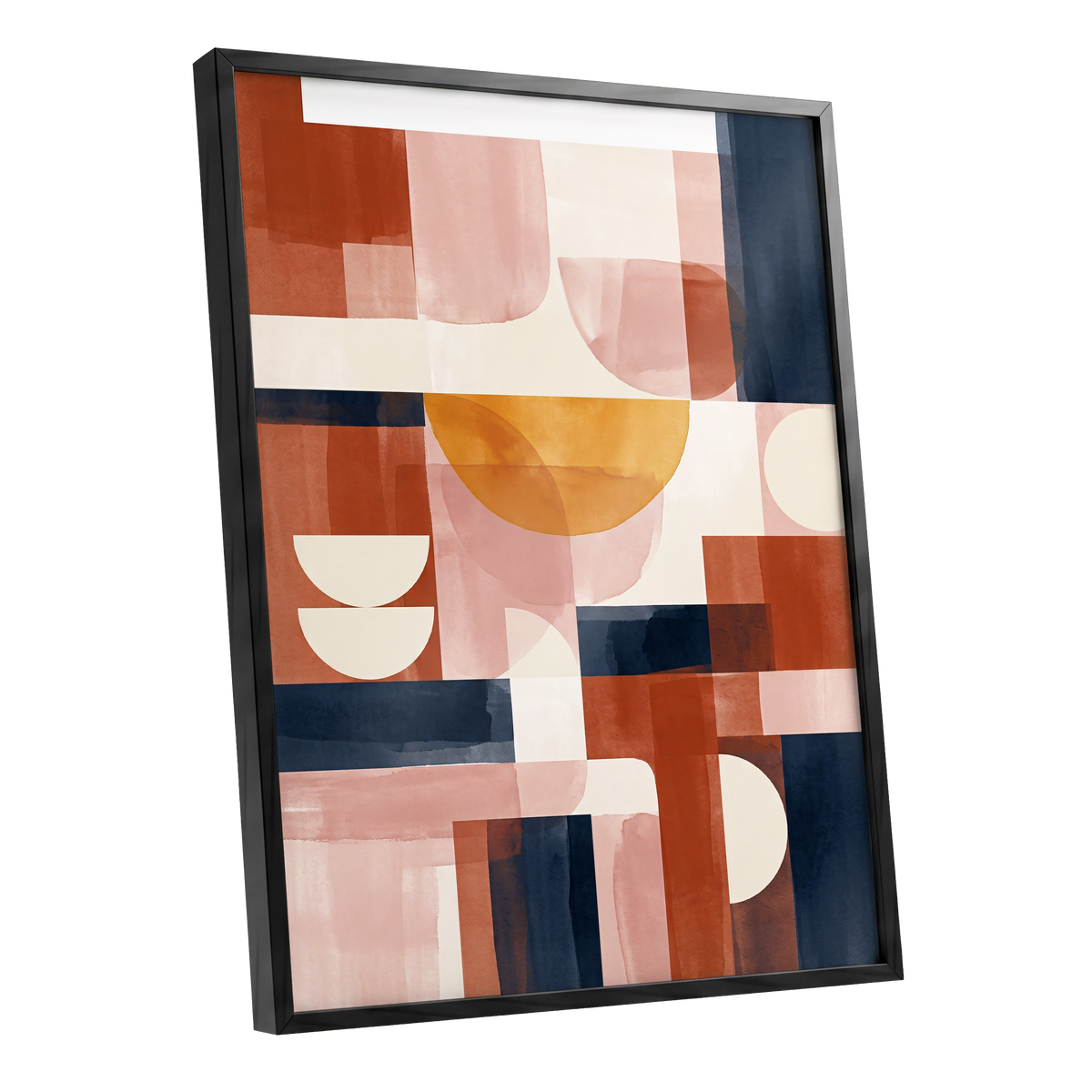 Terracotta Rhythm, orange, pink, blue abstract wall art shown as a black framed poster wall art print