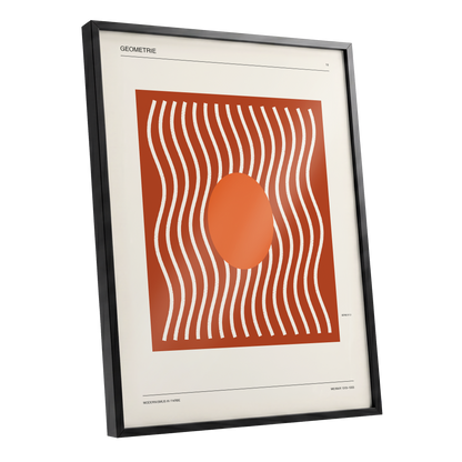 Terracotta Rhythm, brown, orange, beige abstract wall art shown as a black framed poster wall art print