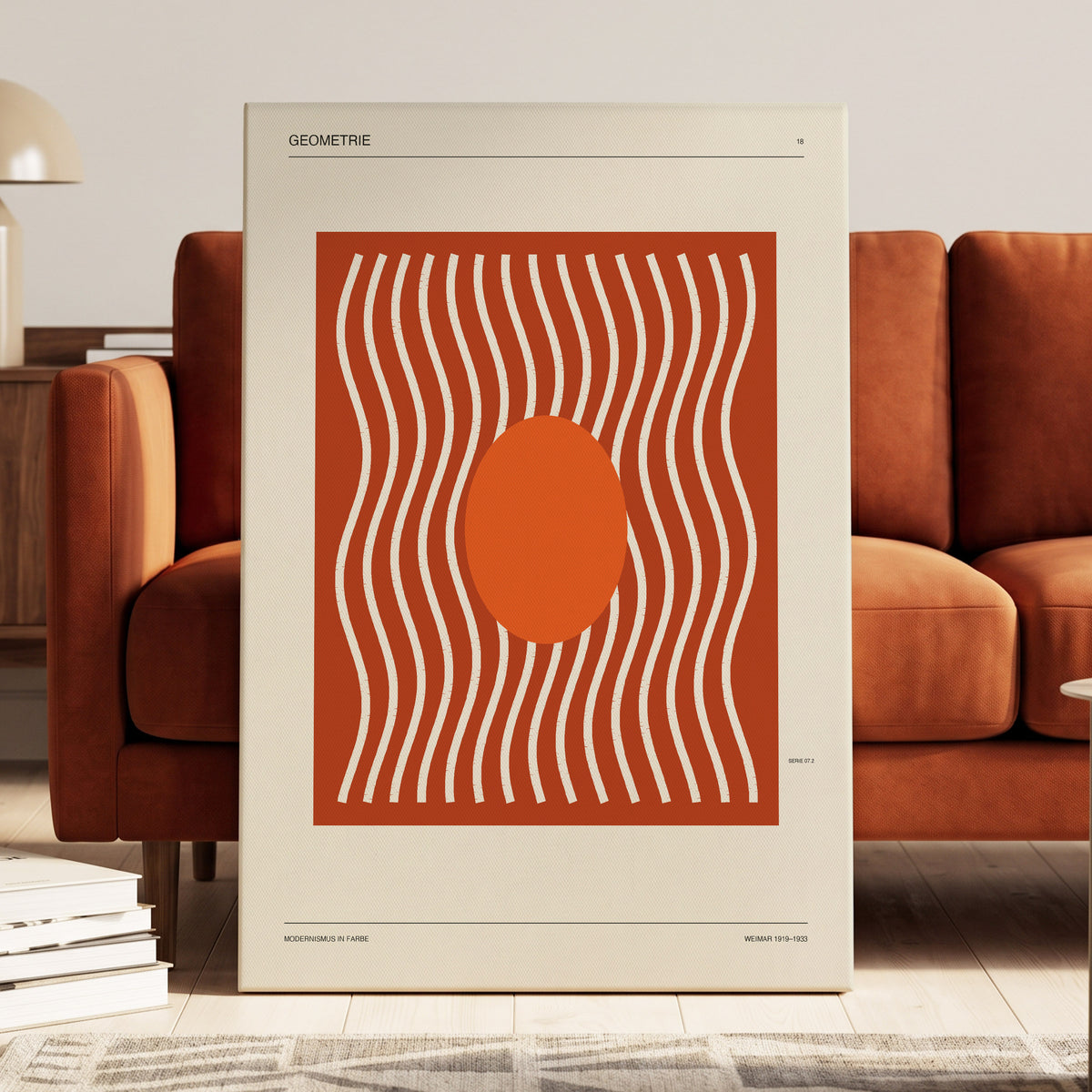 Terracotta Rhythm, brown, orange, beige abstract wall art on canvas displayed in a styled interior, gallery view 1