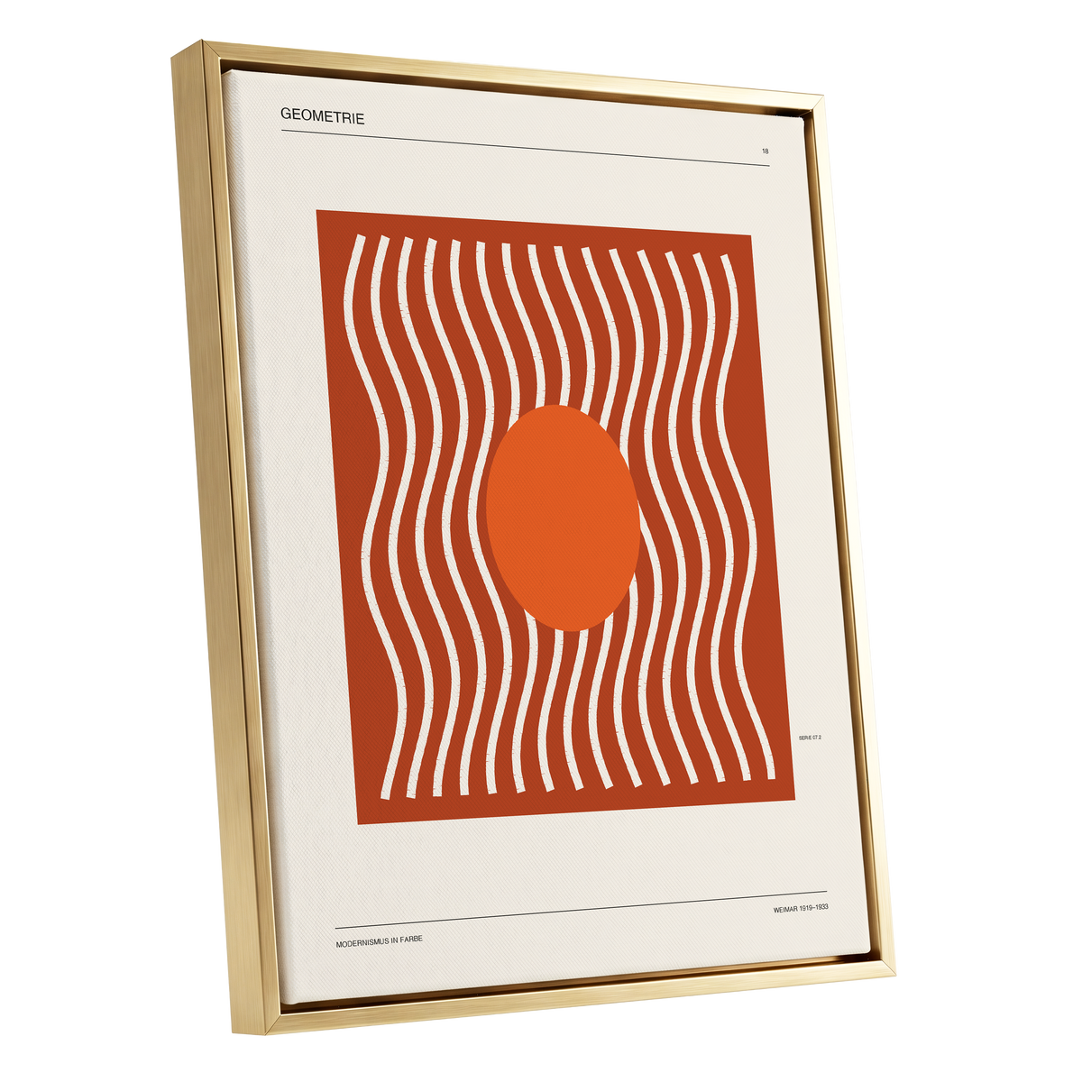 Terracotta Rhythm, brown, orange, beige abstract wall art shown as a gold framed canvas wall art