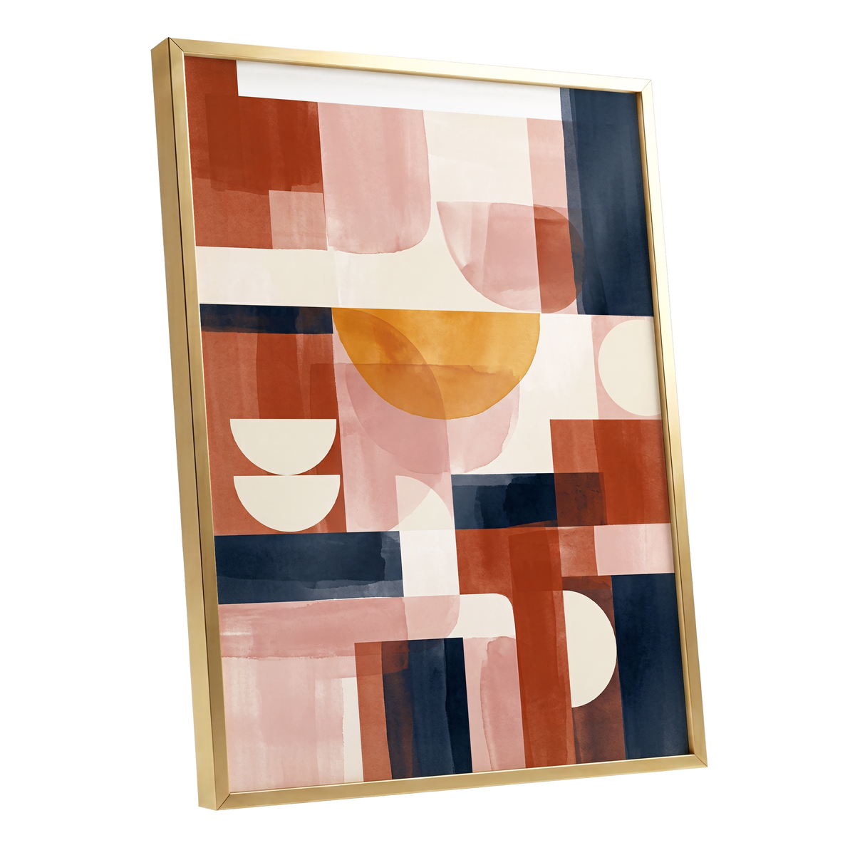 Terracotta Rhythm, orange, pink, blue abstract wall art shown as a gold framed poster wall art print