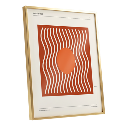 Terracotta Rhythm, brown, orange, beige abstract wall art shown as a gold framed poster wall art print