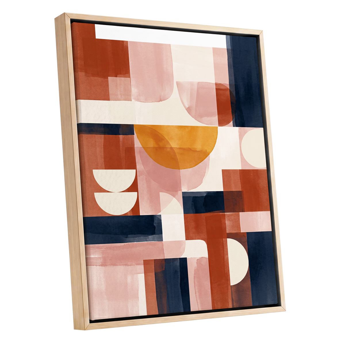 Terracotta Rhythm, orange, pink, blue abstract wall art shown as a oak framed canvas wall art