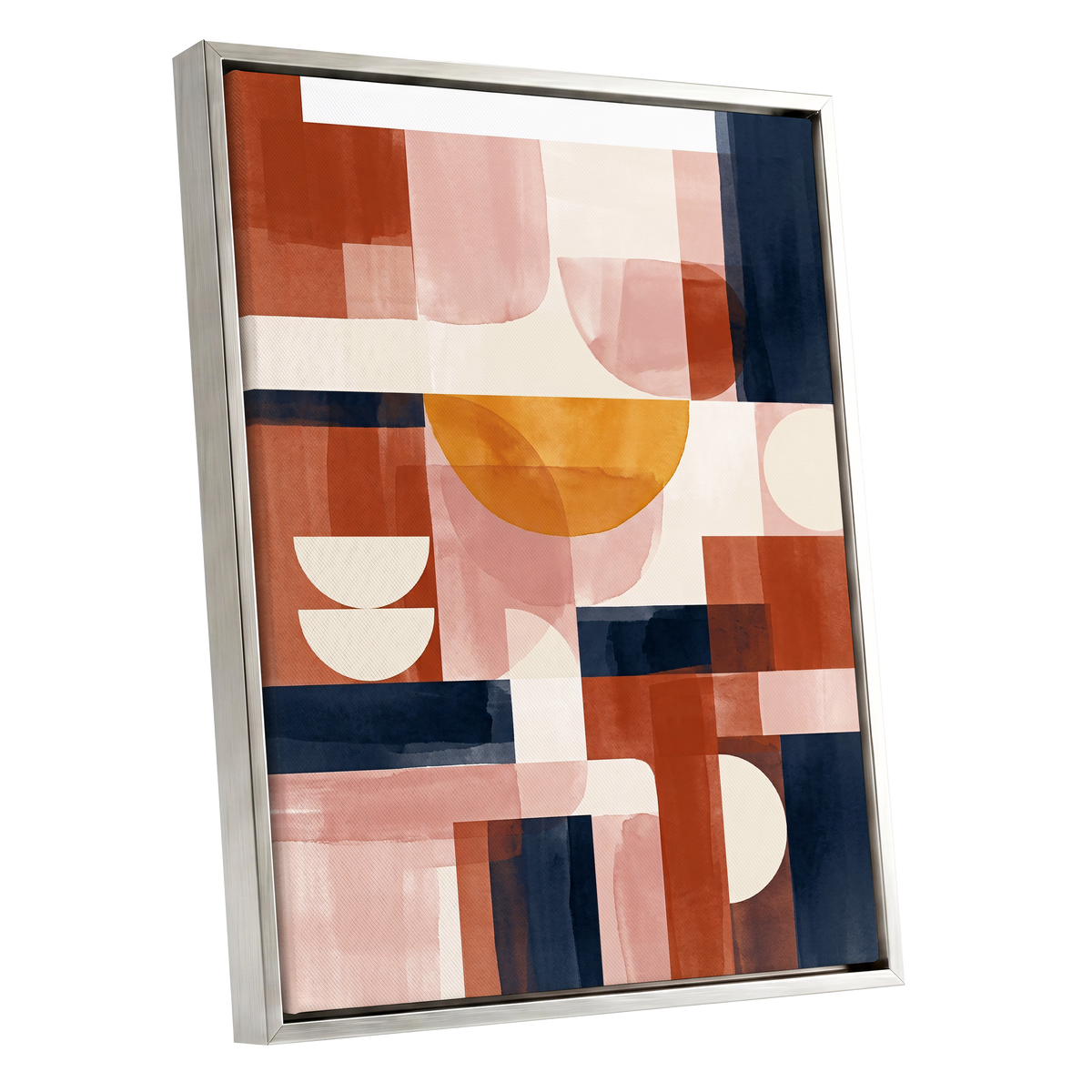 Terracotta Rhythm, orange, pink, blue abstract wall art shown as a silver framed canvas wall art