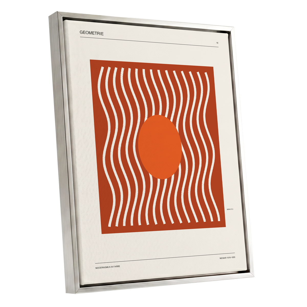 Terracotta Rhythm, brown, orange, beige abstract wall art shown as a silver framed canvas wall art