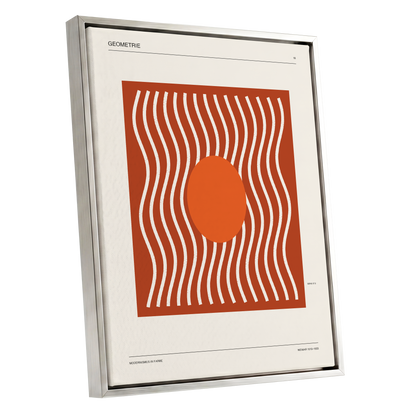 Terracotta Rhythm, brown, orange, beige abstract wall art shown as a silver framed canvas wall art