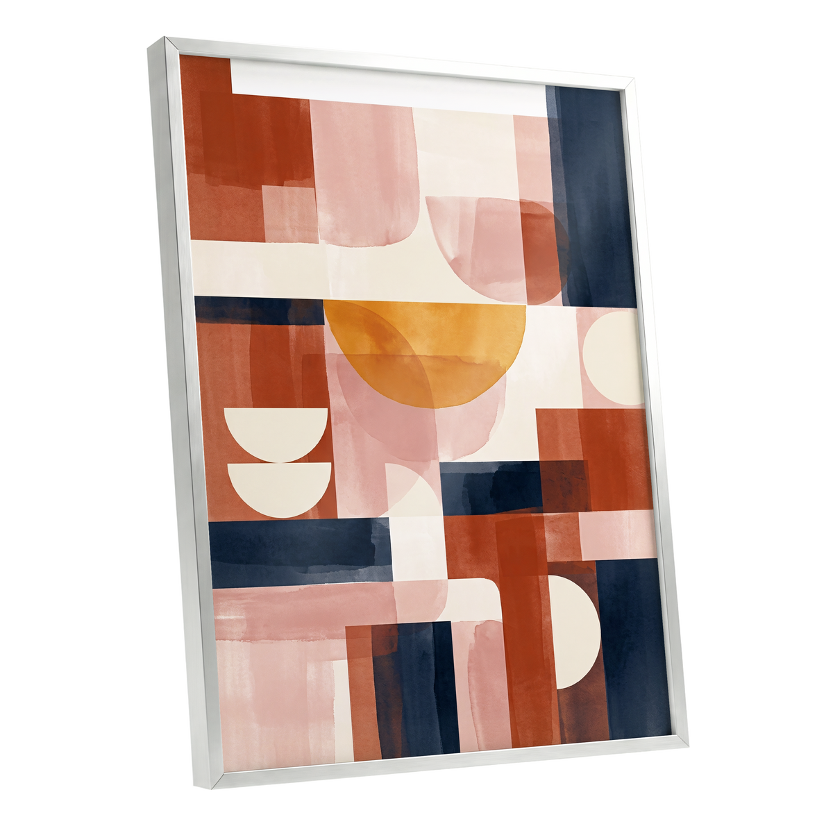 Terracotta Rhythm, orange, pink, blue abstract wall art shown as a silver framed poster wall art print