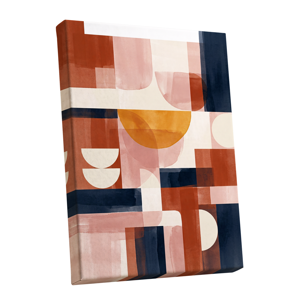 Terracotta Rhythm, orange, pink, blue abstract wall art shown as a stretched canvas wall art