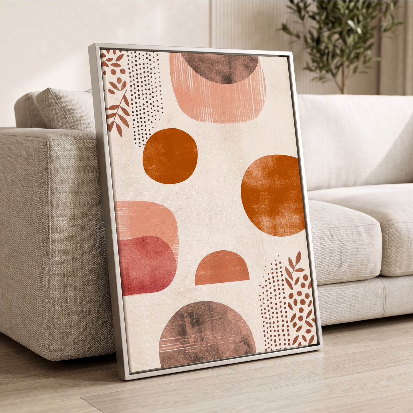 Terracotta Rhythm, beige, orange, brown nature wall art displayed in a styled interior, gallery view 2