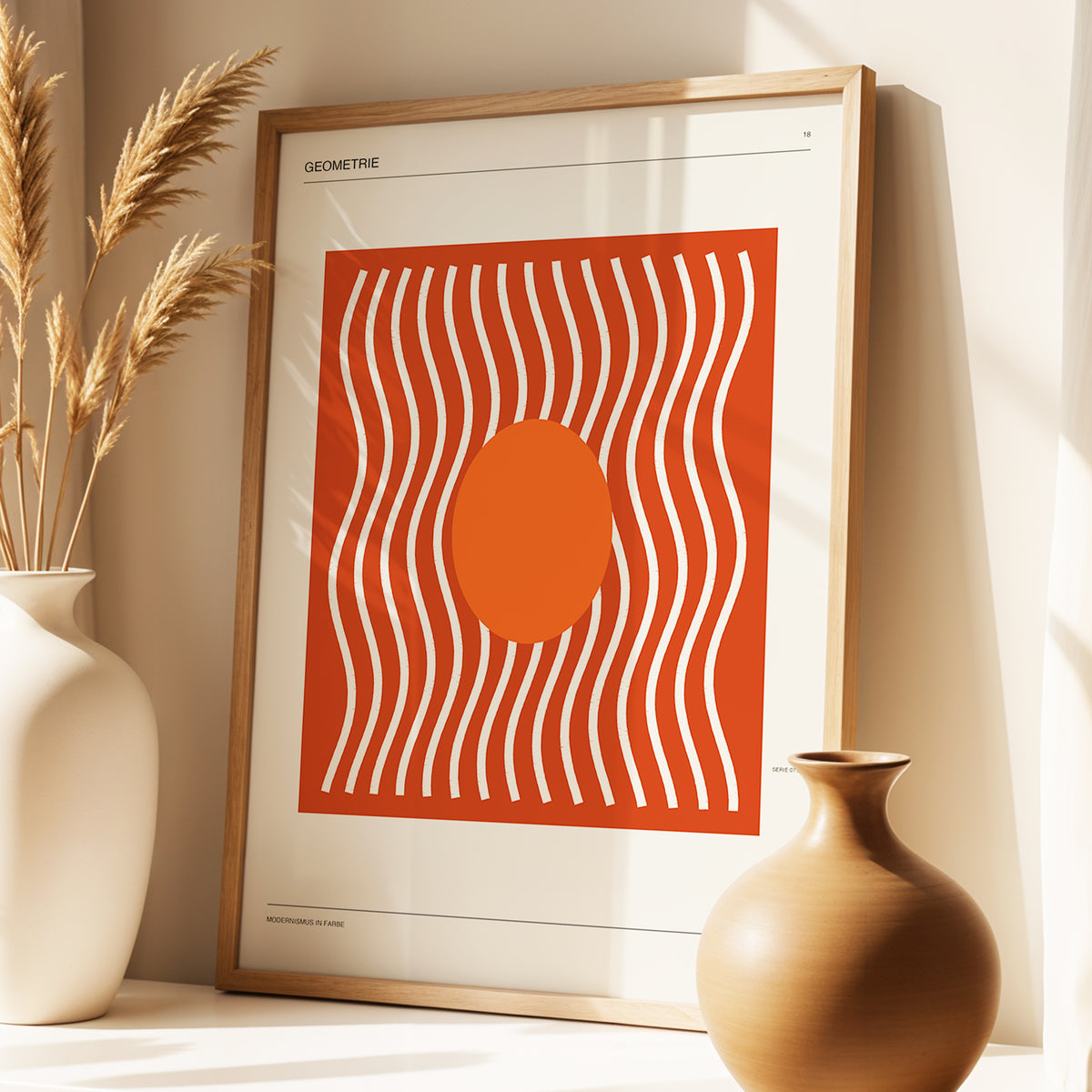 Terracotta Rhythm, brown, orange, beige abstract wall art displayed in a styled interior, gallery view 3