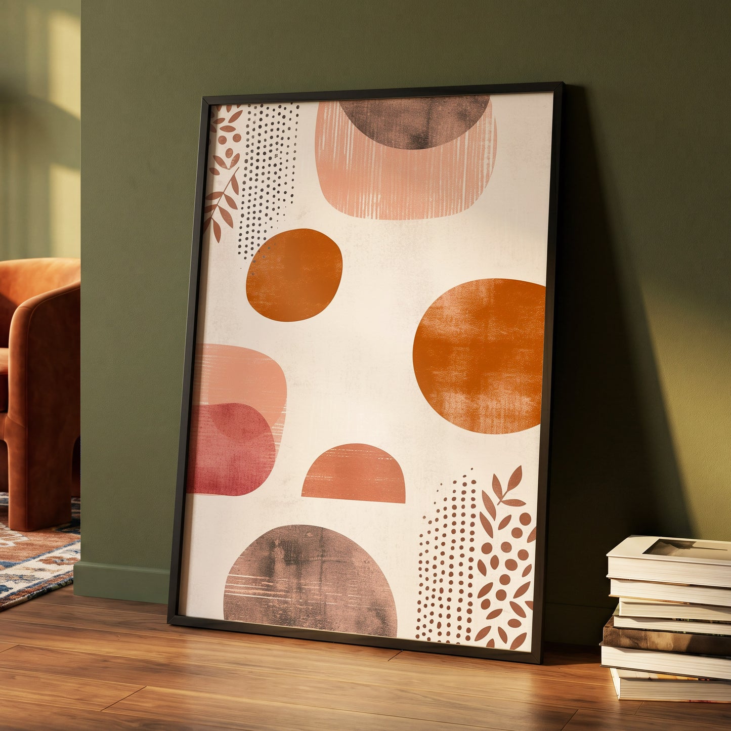Terracotta Rhythm, beige, orange, brown nature wall art displayed in a styled interior, gallery view 4