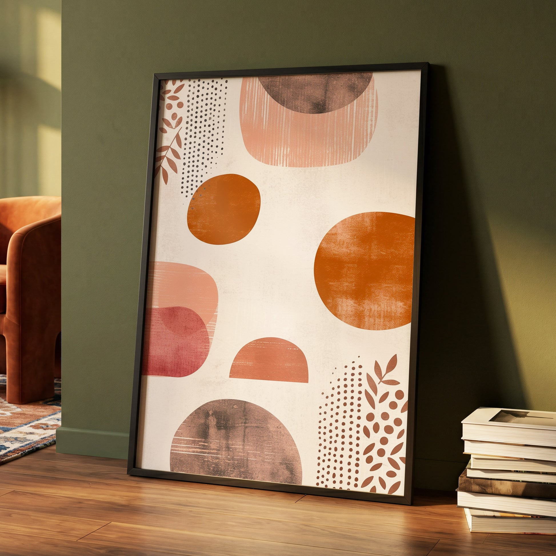 Terracotta Rhythm, beige, orange, brown nature wall art displayed in a styled interior, gallery view 4