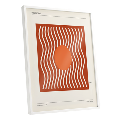 Terracotta Rhythm, brown, orange, beige abstract wall art shown as a white framed poster wall art print